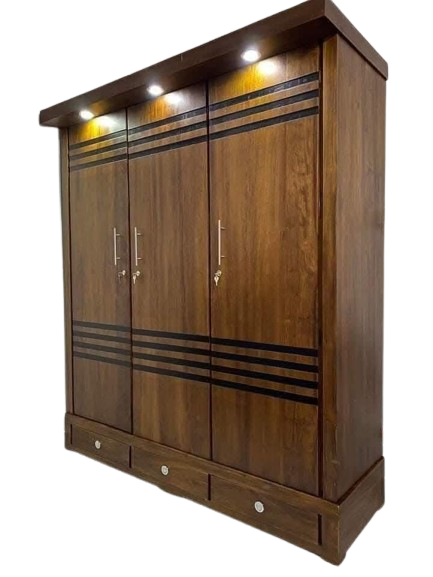 3 Door Base Teak Wardrobe with light
